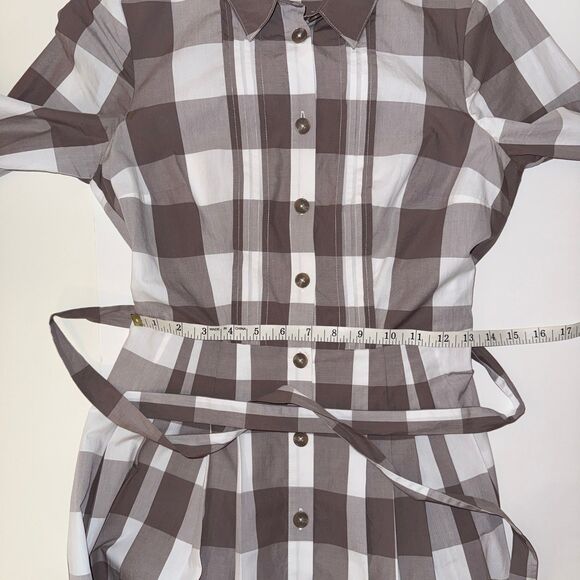 Boden Plaid Brown & White Checked Shirt Dress Button Down Long Sleeve Belted 4 - Picture 9 of 15